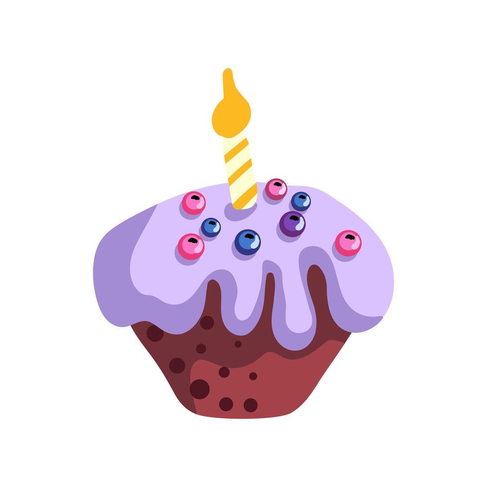 dibujos animados pastel con baya crema y vela para primero cumpleaños para tarjeta, invitación y bandera. plano vector