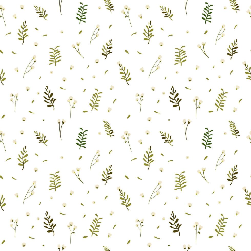 Botanical seamless pattern hand drawn. White background with delicate flowers and leaves. vector