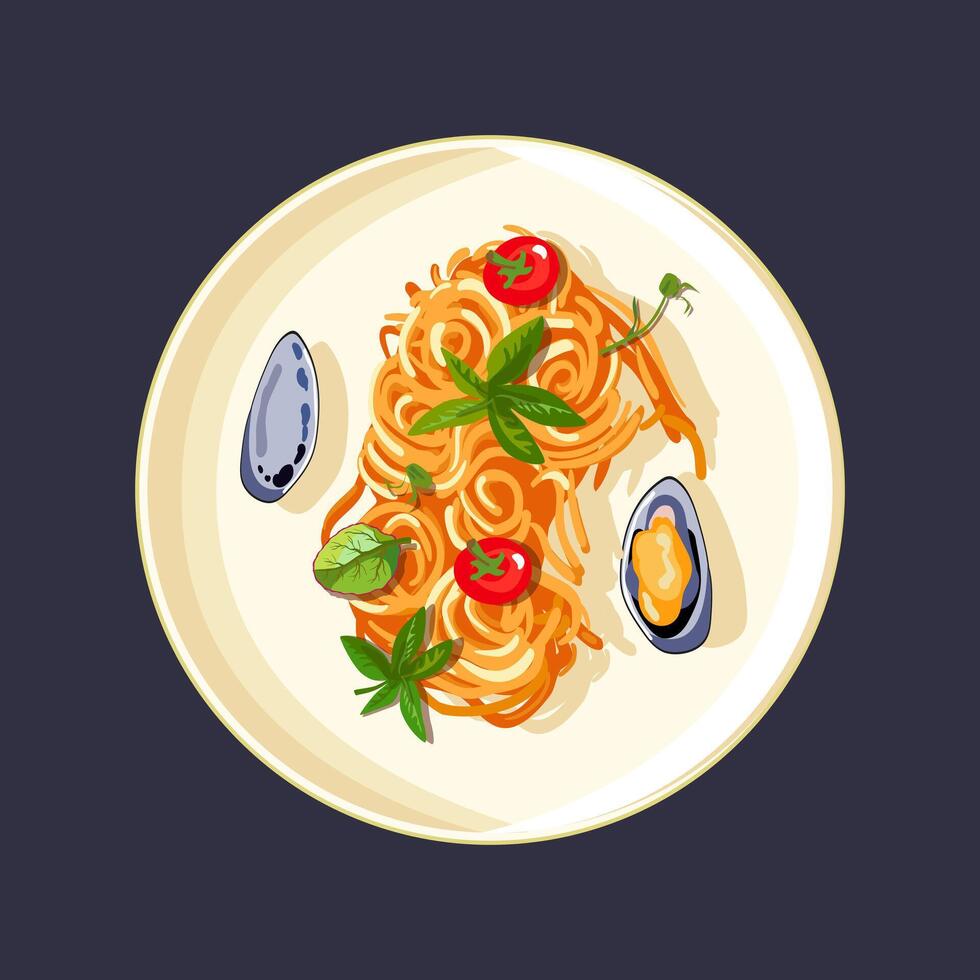 paella con mejillones en un lámina. Cereza Tomates con hierbas. sano almuerzo. sano comiendo. menú para restaurante y cafetería. vector