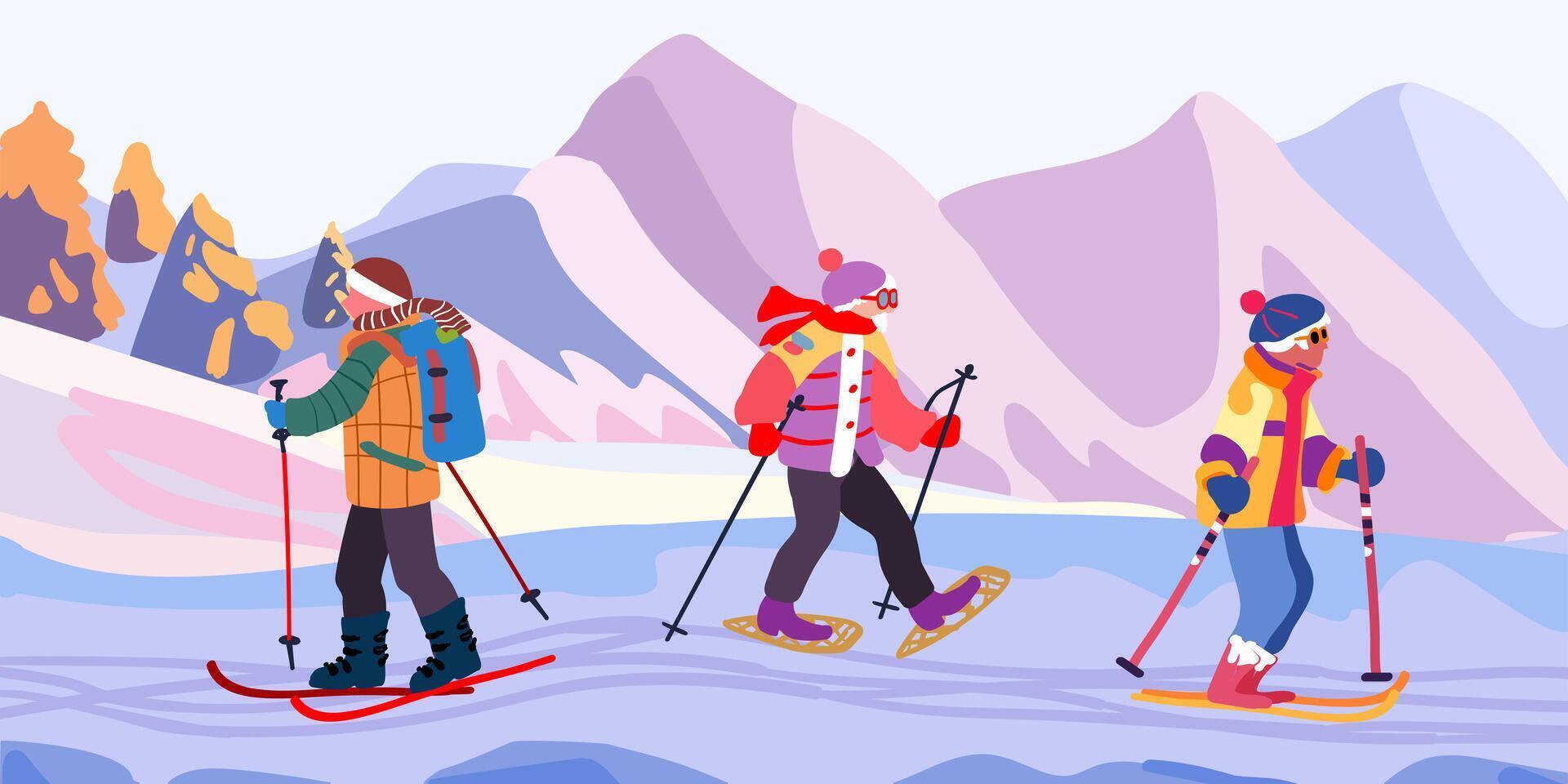 Old people on a ski trip. Mountain landscape with ski tracks. Winter holidays and travel. Minimalism. Vector