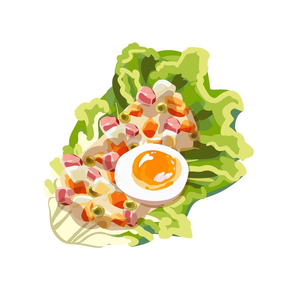 Vegetable mixture with sauce on a lettuce leaf. Salad and half a boiled egg. Vegetarian food. Healthy eating. Self care. Vector