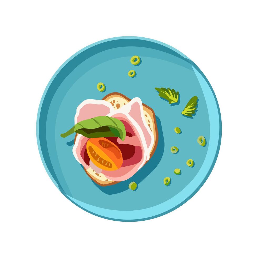 Appetizing bruschetta with smoked meat and tomato on a turquoise plate. Sliced vegetables on toast. Healthy food. Self care. Vector