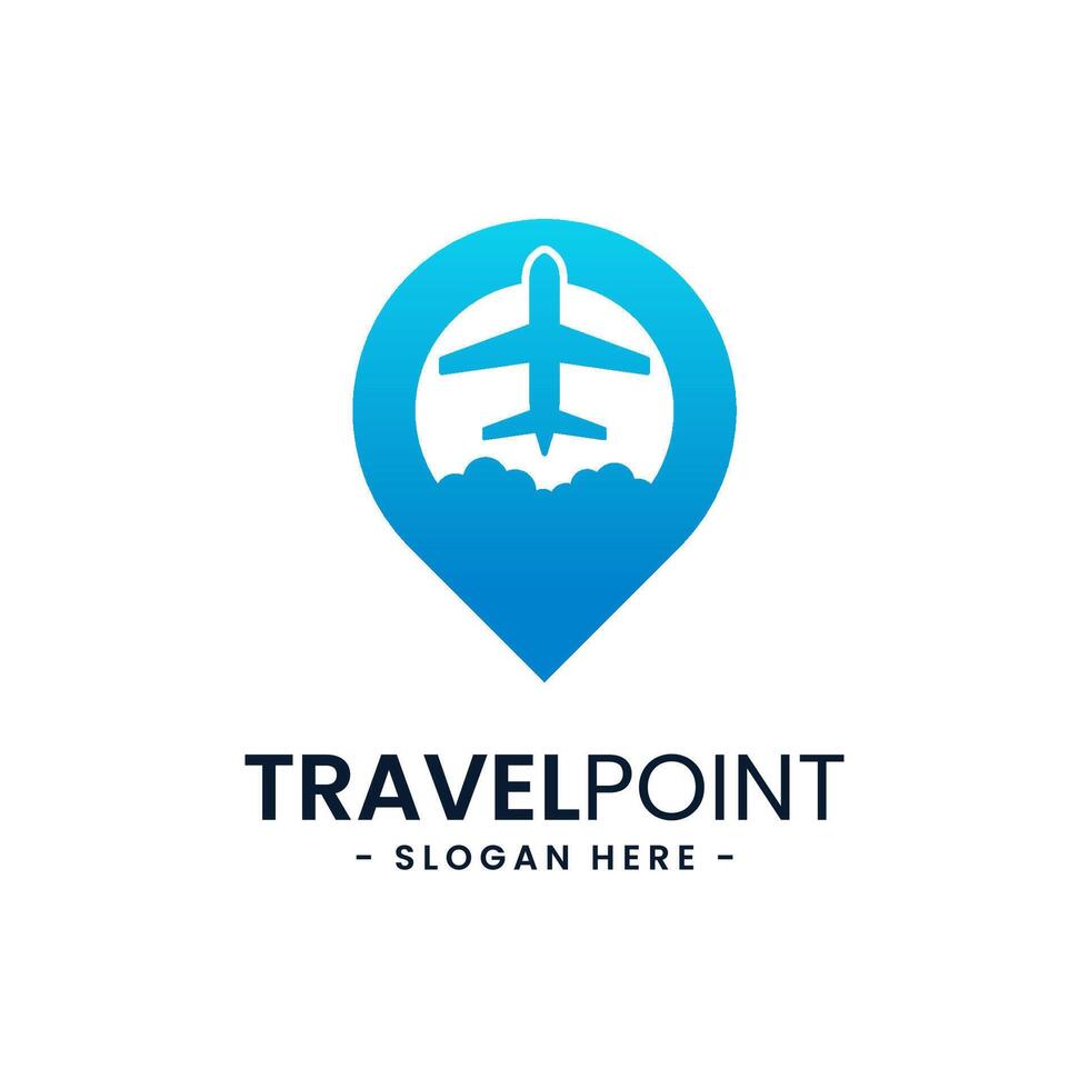 Travel point logo design template. Pin icon with airplane combination. Concept of holiday, tourism, trip, exploration, etc. vector