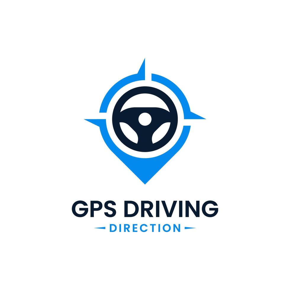 Drive point logo design template. Steering wheel and gps map location icon vector combination. Creative steer spot symbol concept.