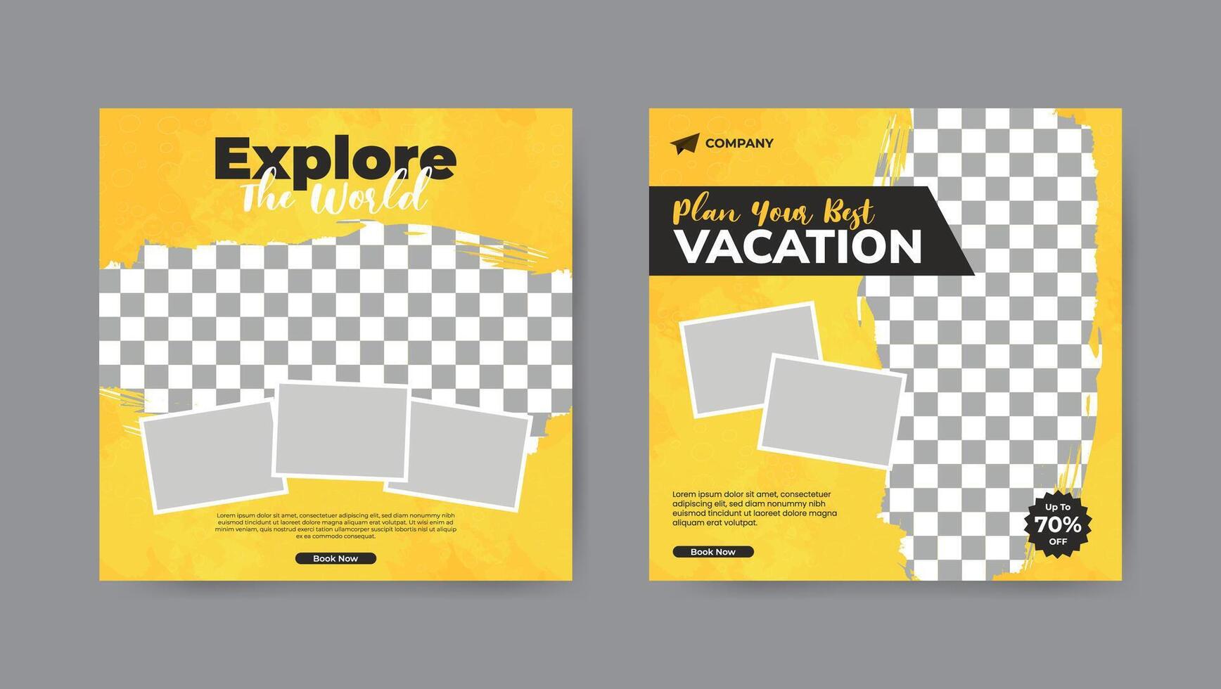Set of travel agency social media post template. Square banner design background. vector