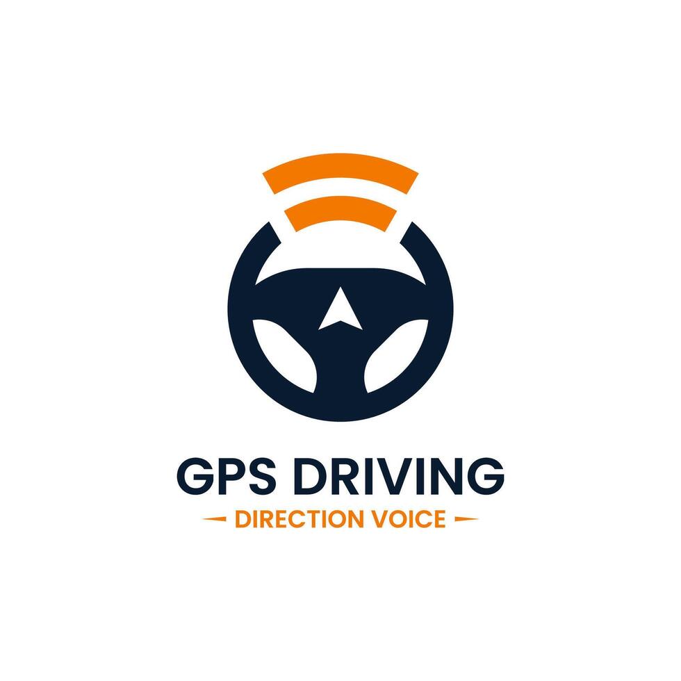 Voice gps drive point logo design template. Steering wheel, gps map location and voice icon vector combination. Creative driving training symbol concept.
