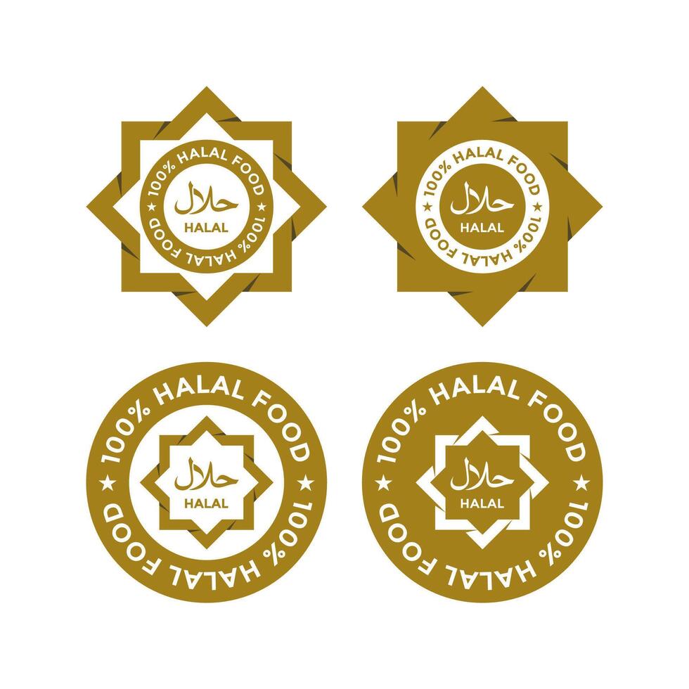 Set of halal food products labels, badges and logo design. Vector Halal sign certificate tag.