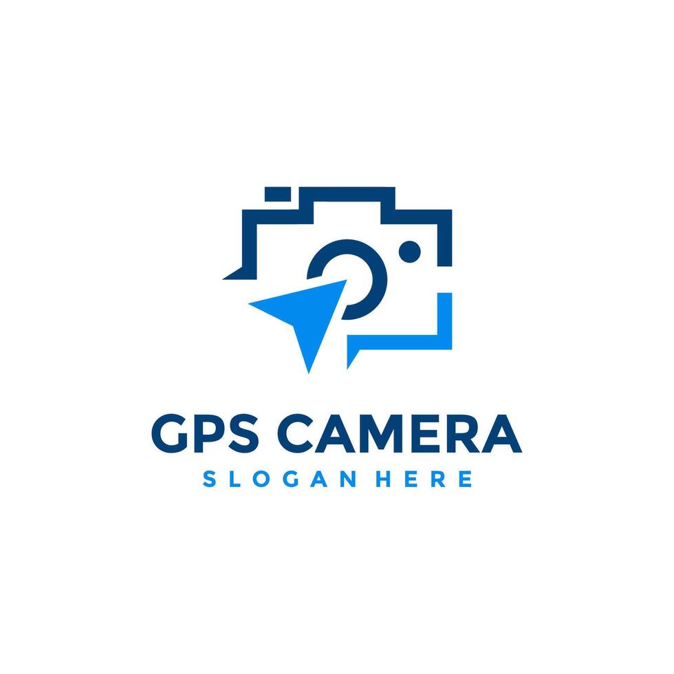 Gps camera logo design template. Abstract combination of camera with navigation pin icon vector. Concept of place for photography. Flat style for graphic design, logo, web, UI. vector