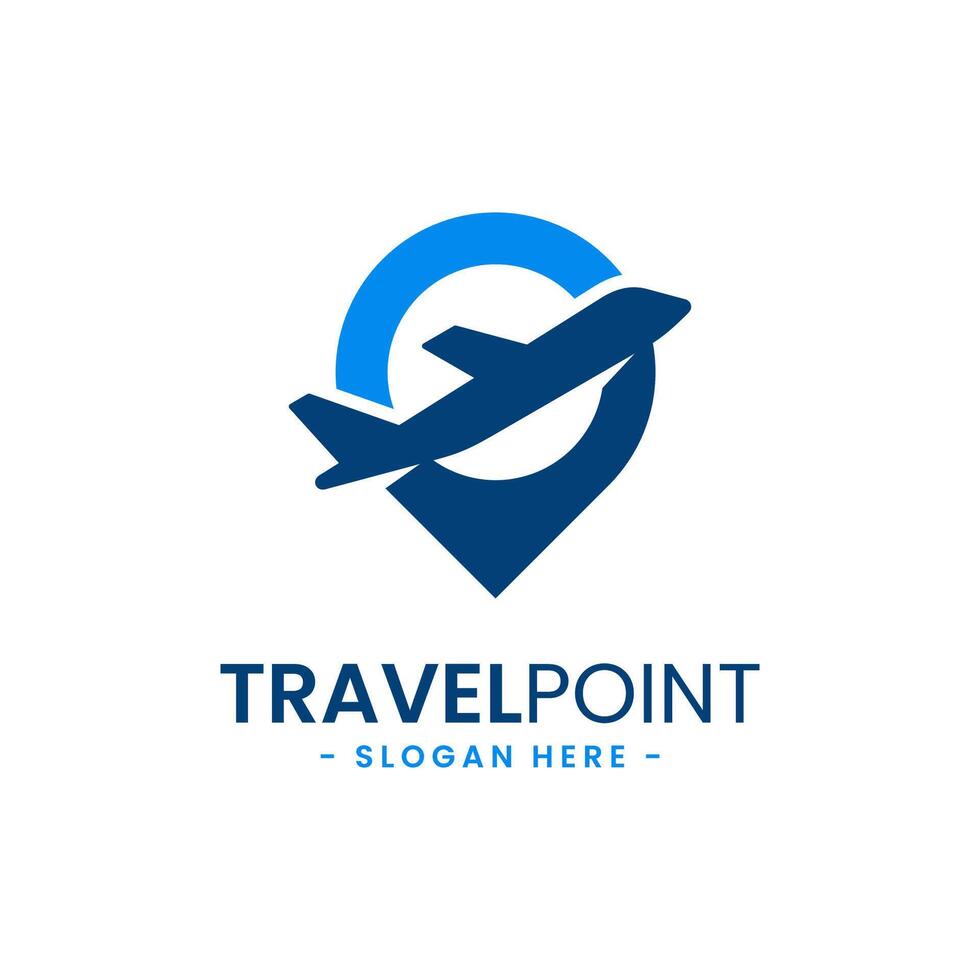 Travel point logo design template. Pin icon with airplane combination. Concept of holiday, tourism, trip, exploration, etc. vector