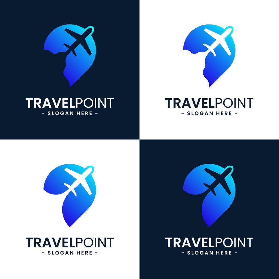 Set of travel point logo design template. Pin icon with airplane combination. Concept of holiday, tourism, trip, exploration, etc. vector