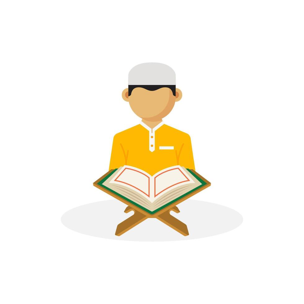 Muslim man cartoon reading Al-qur'an isolated in flat vector design. Ramadan Kareem and Eid Mubarak character design. Vector Illustration for poster, greeting card, banner, flyer.