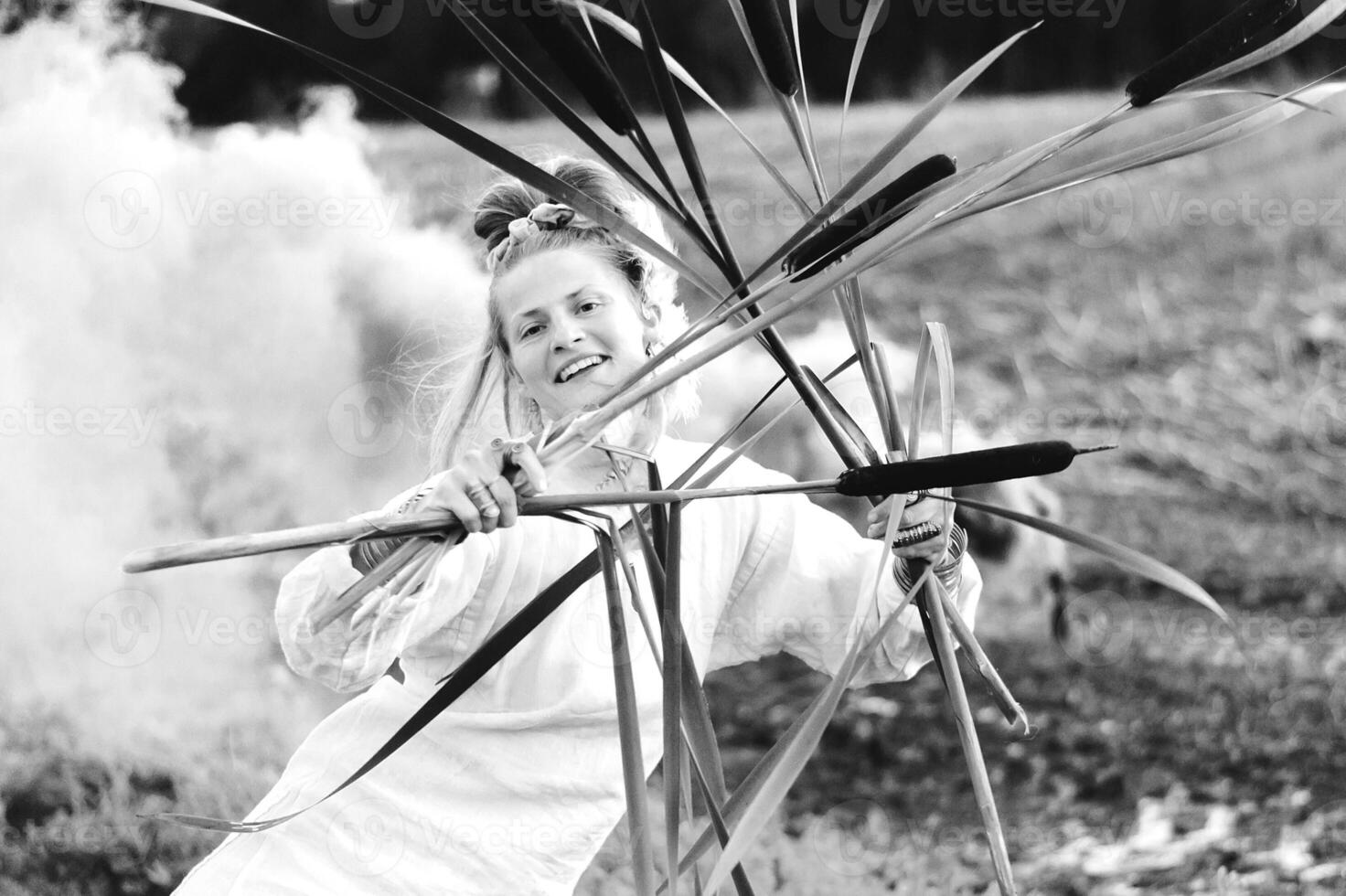 Cheerful young  woman with reeds dances in colored smoke in a field photo