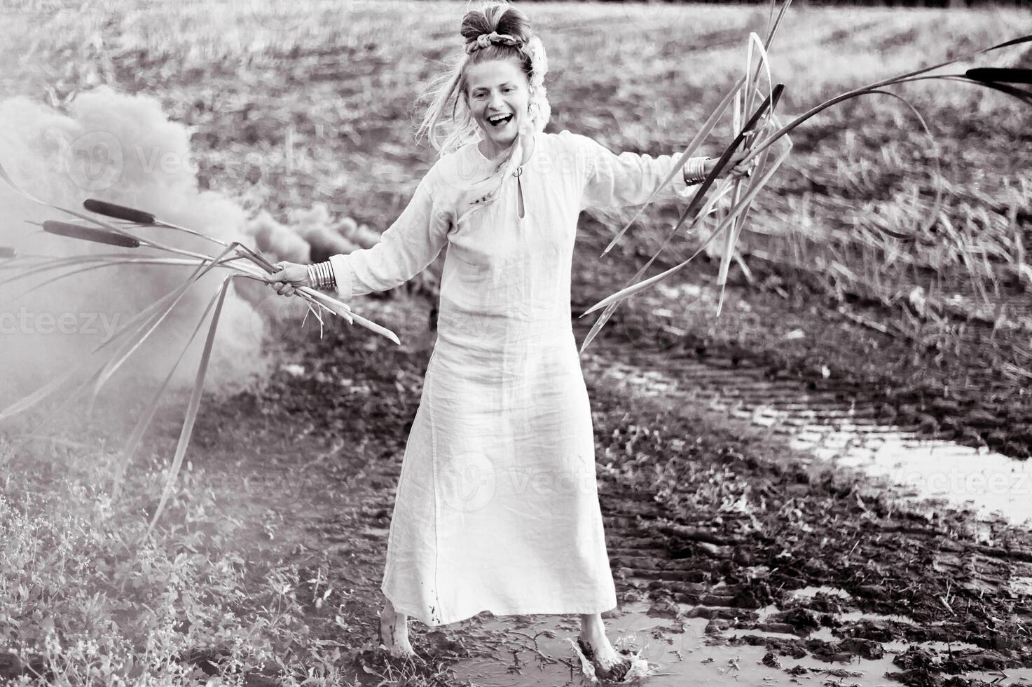 Cheerful young  woman with reeds dances in colored smoke in a field photo