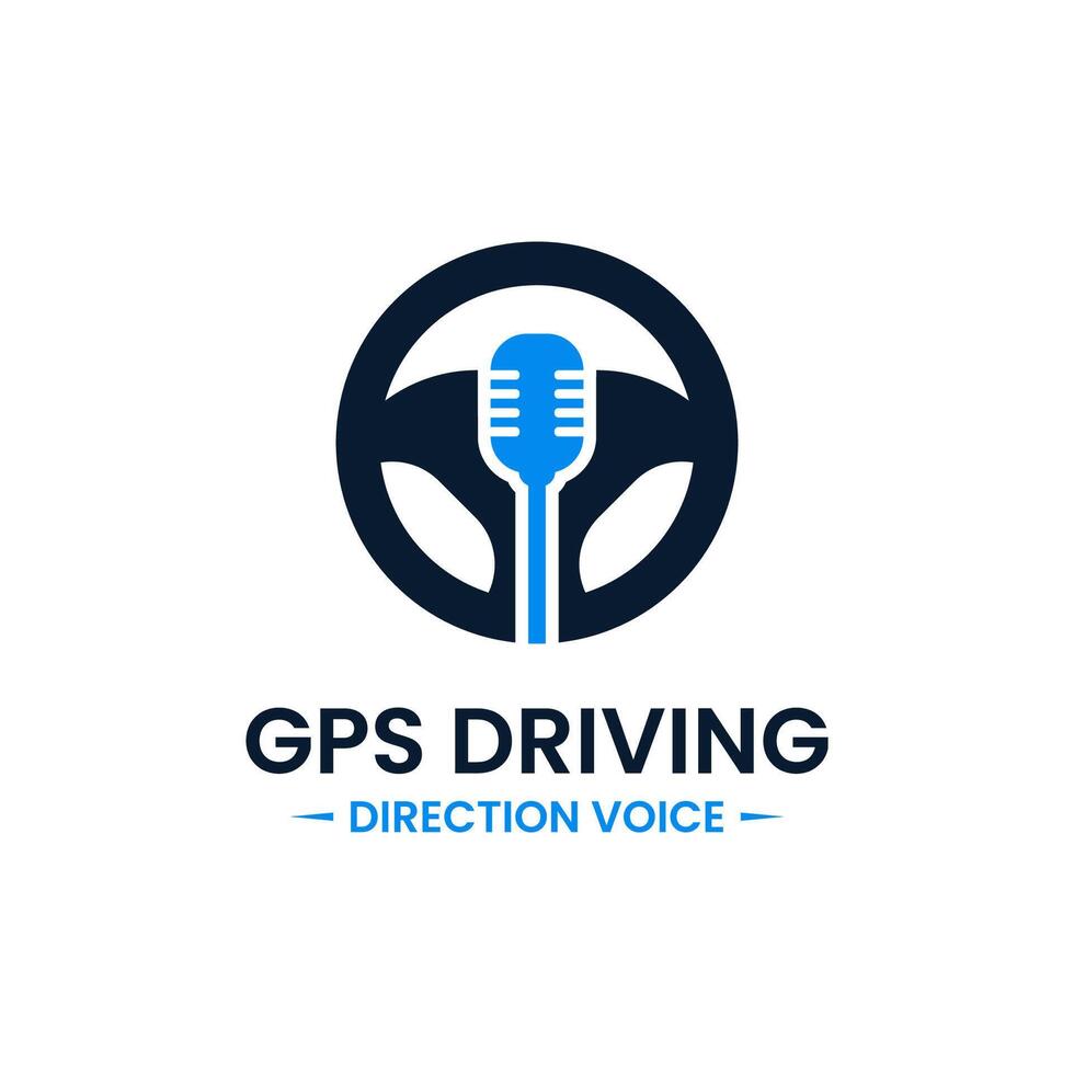 Voice gps drive point logo design template. Steering wheel, gps map location and voice icon vector combination. Creative driving training symbol concept.
