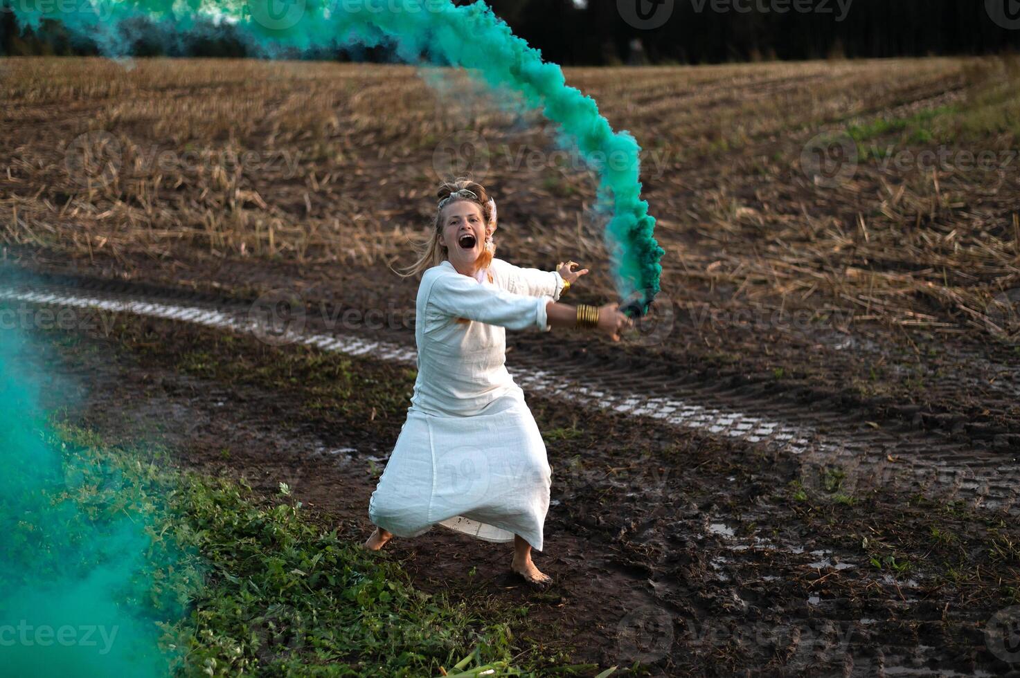 Cheerful young  woman with reeds dances in colored smoke in a field photo