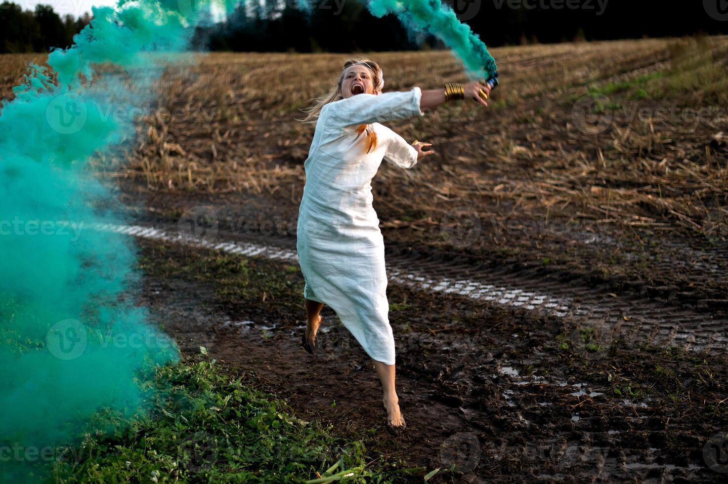 Cheerful young  woman with reeds dances in colored smoke in a field photo