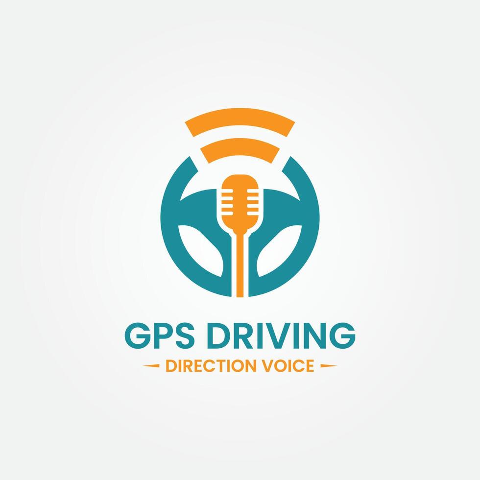 Voice gps drive point logo design template. Steering wheel, gps map location and voice icon vector combination. Creative driving training symbol concept.