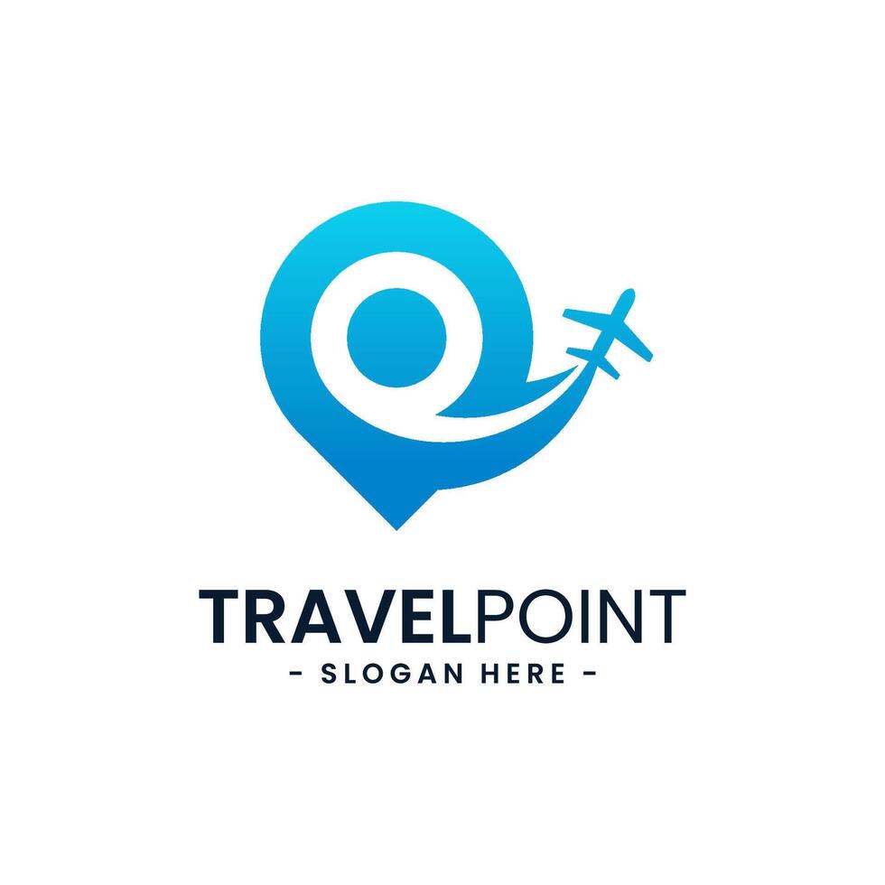 Travel point logo design template. Pin icon with airplane combination. Concept of holiday, tourism, trip, exploration, etc. vector