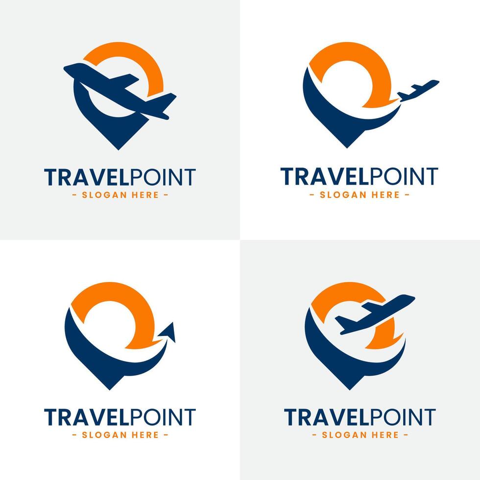 Set of travel point logo design template. Pin icon with airplane combination. Concept of holiday, tourism, trip, exploration, etc. vector