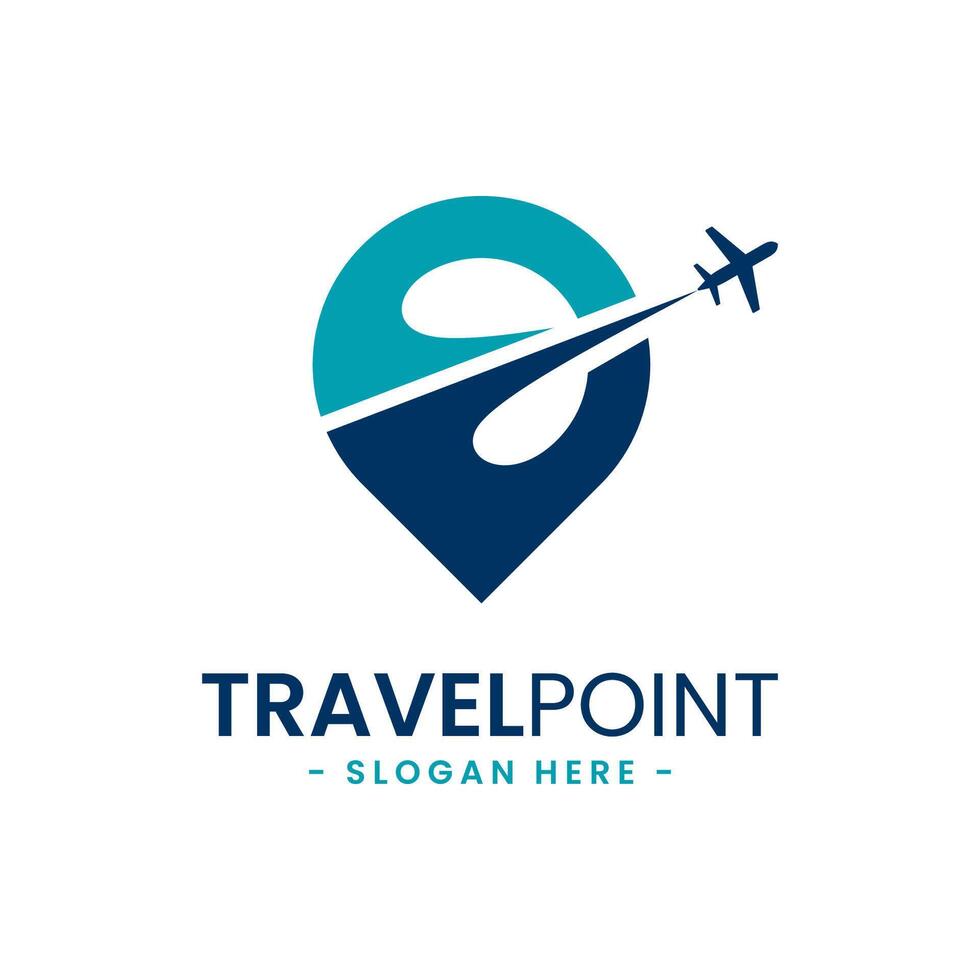 Travel point logo design template. Pin icon with airplane combination. Concept of holiday, tourism, trip, exploration, etc. vector