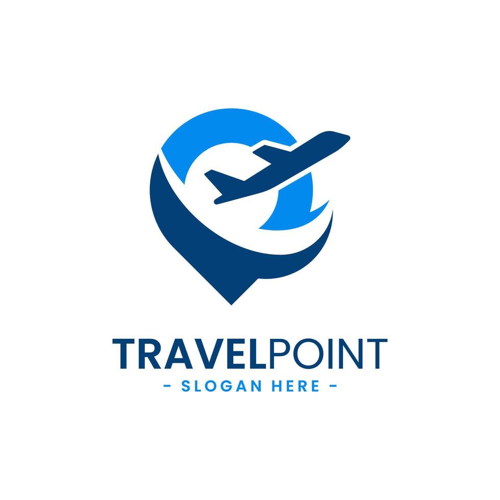 Travel point logo design template. Pin icon with airplane combination. Concept of holiday, tourism, trip, exploration, etc. vector