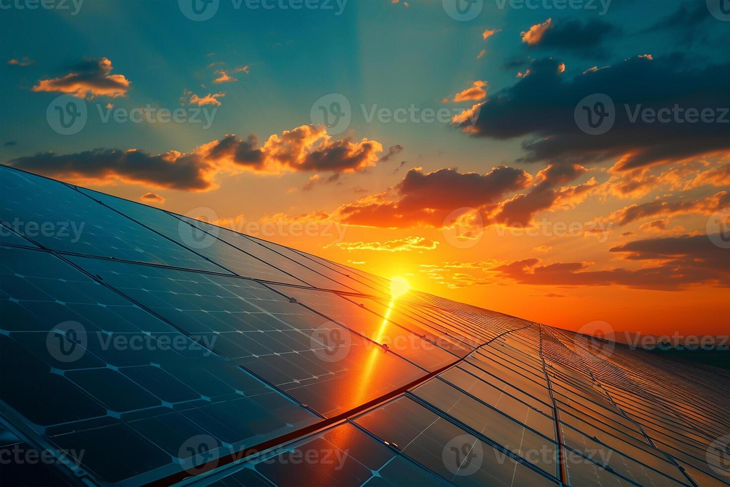 AI generated Solar panel for alternative electricity in sunset light photo