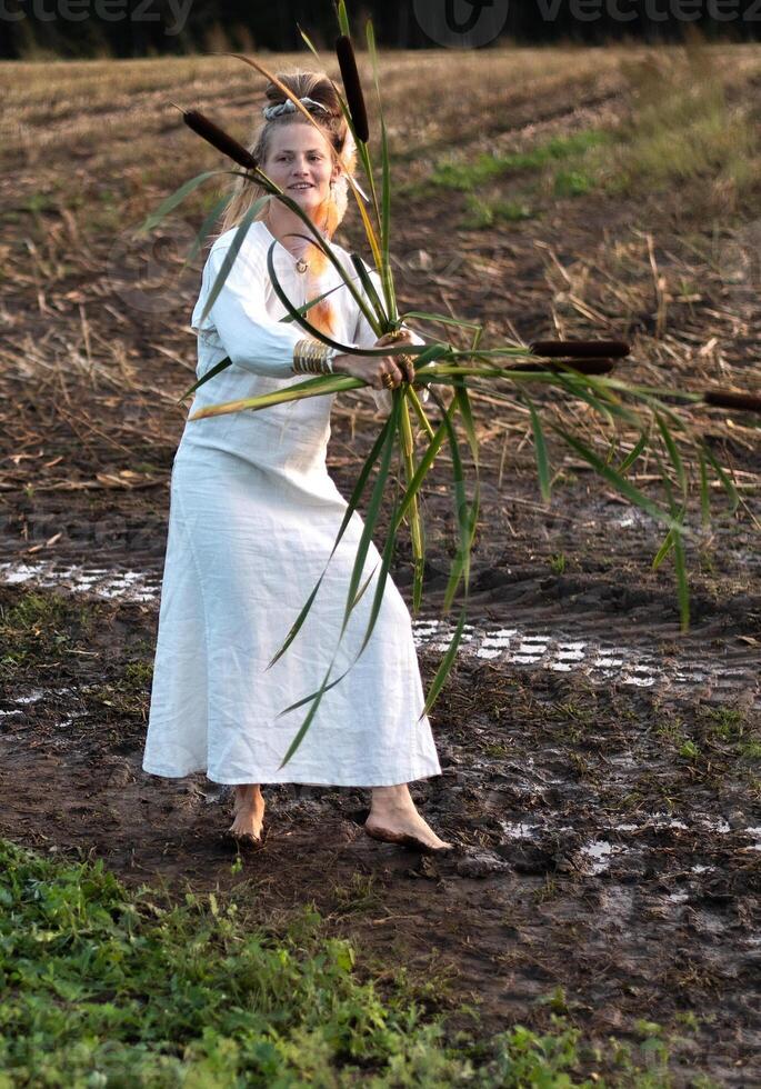 Cheerful young  woman with reeds dances in colored smoke in a field. photo