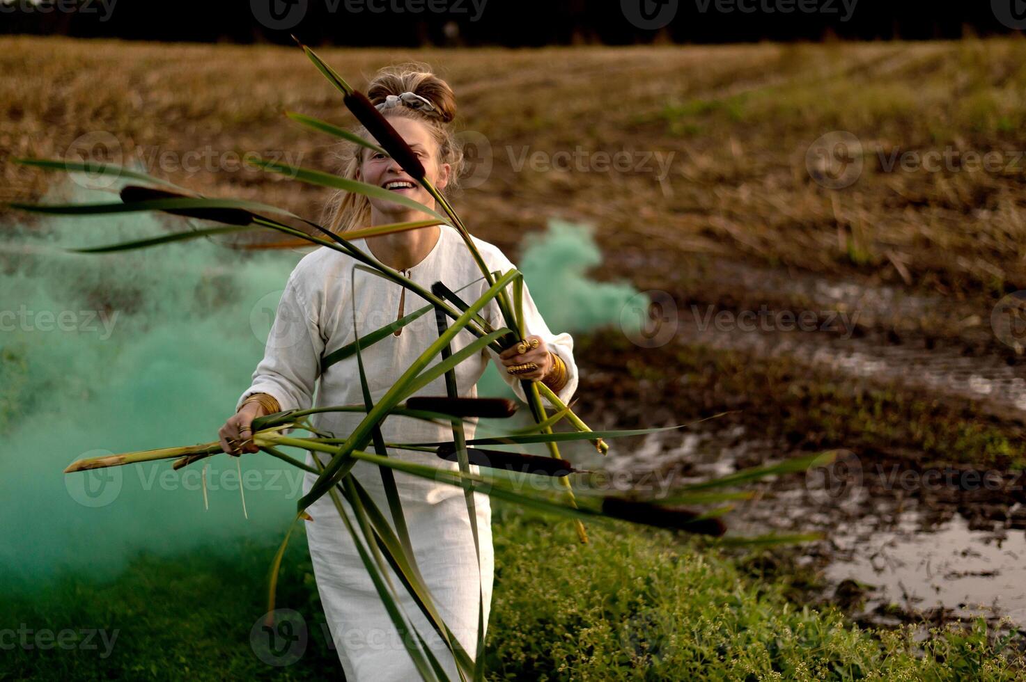 Cheerful young  woman with reeds dances in colored smoke in a field photo