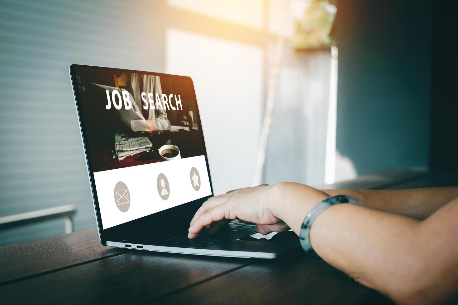 Asian woman hand using the keyboard to search job browsing work opportunities online on web job search websites. Search, laptop screen, recruitment concept. photo