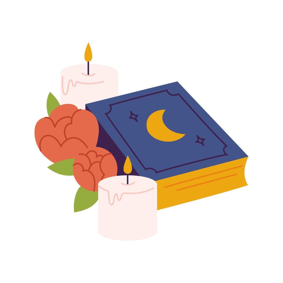 Magic book with flowers and candles. Vector flat illustration isolated on white background.