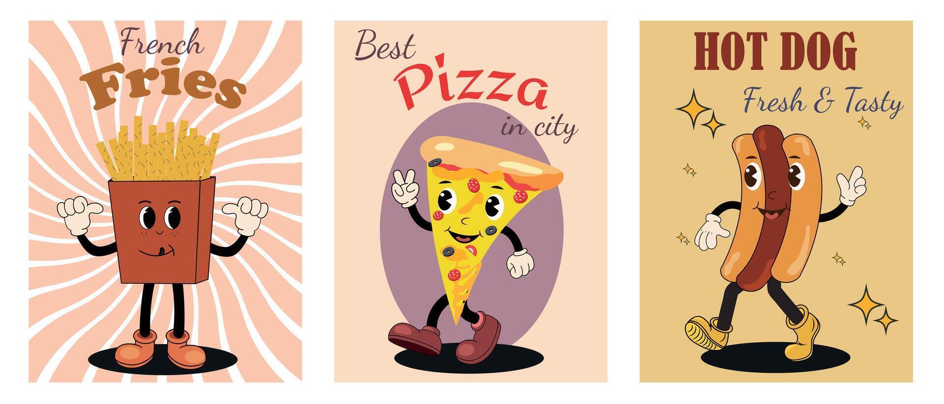 Set of retro cartoon posters with cute and funny fast food characters. Street mascot, hot dog, pizza and funny fries. Concept for the 60s, 70s, 80s. Vector illustration.