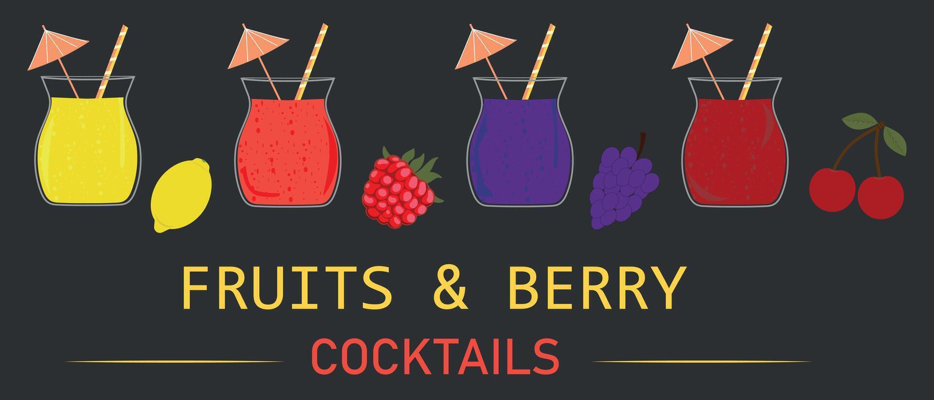 Set of vector illustrations of summer fruit and berry cocktails. Drawings with cocktails of various fruit and berry flavors, isolated on a black background. Drink, summer concept.