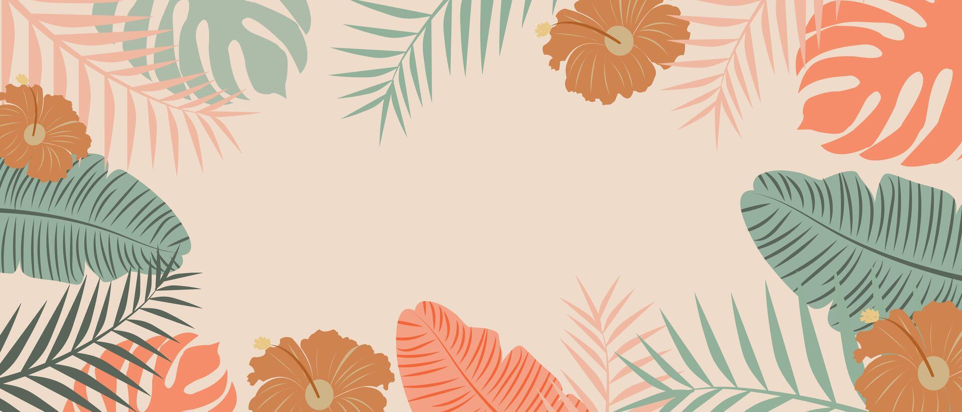 verano tropical antecedentes vector. palma hojas, monstera hoja, hibisco flores botánico antecedentes diseño, tropical modelo para pared arte, huellas dactilares, póster, hogar decoración, cubrir, fondo de pantalla. vector