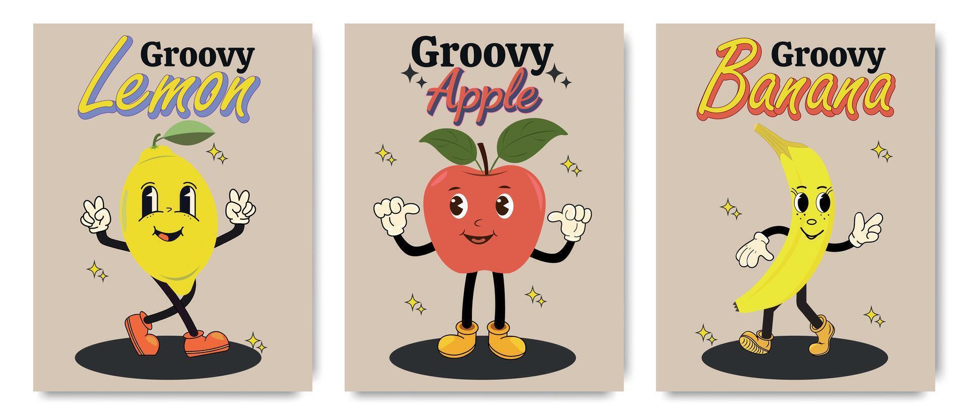 Vector collection of bright, groovy 70s posters. Retro posters with funny cartoon characters. Cartoon lemon, apple and banana in a groovy style.