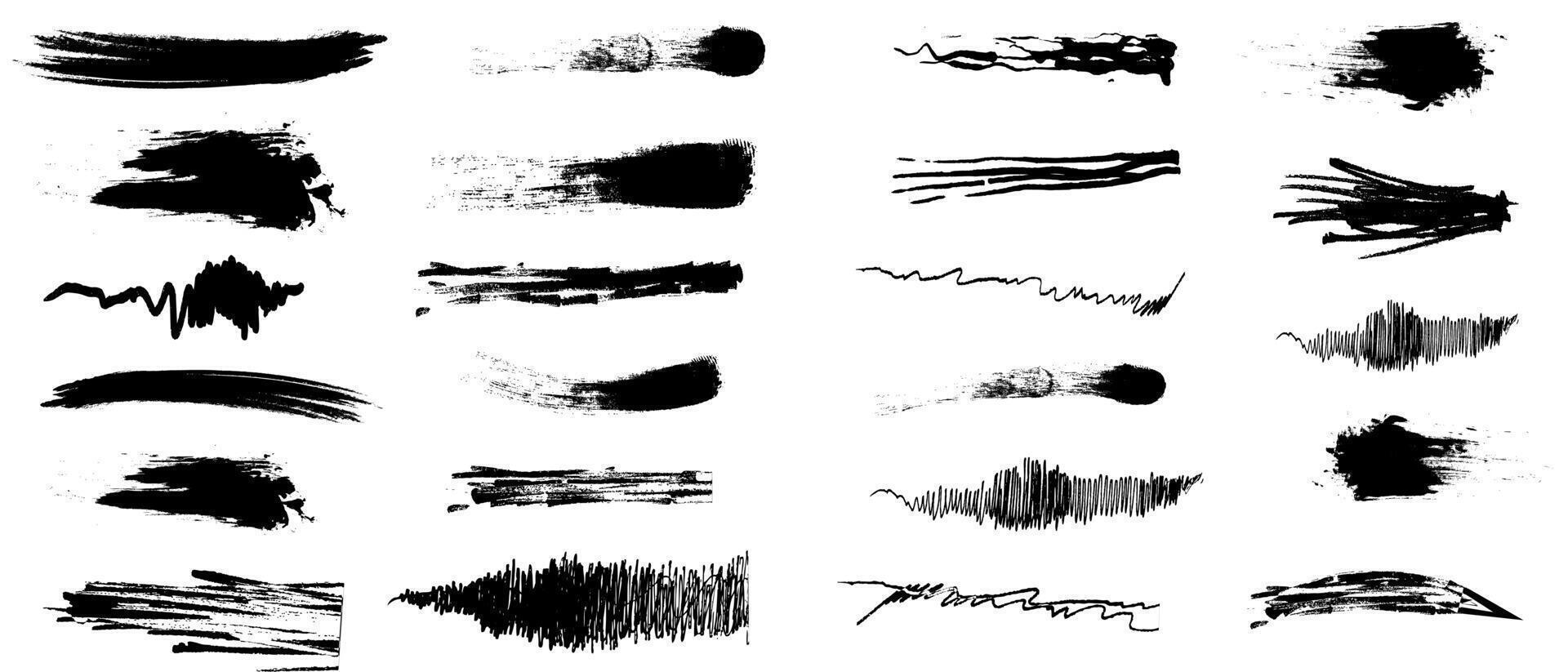 conjunto de negro grunge cepillos pintar cepillos y tinta cepillos, sucio antecedentes conjunto de plano vector ilustraciones, colección de el mejor pintar cepillos