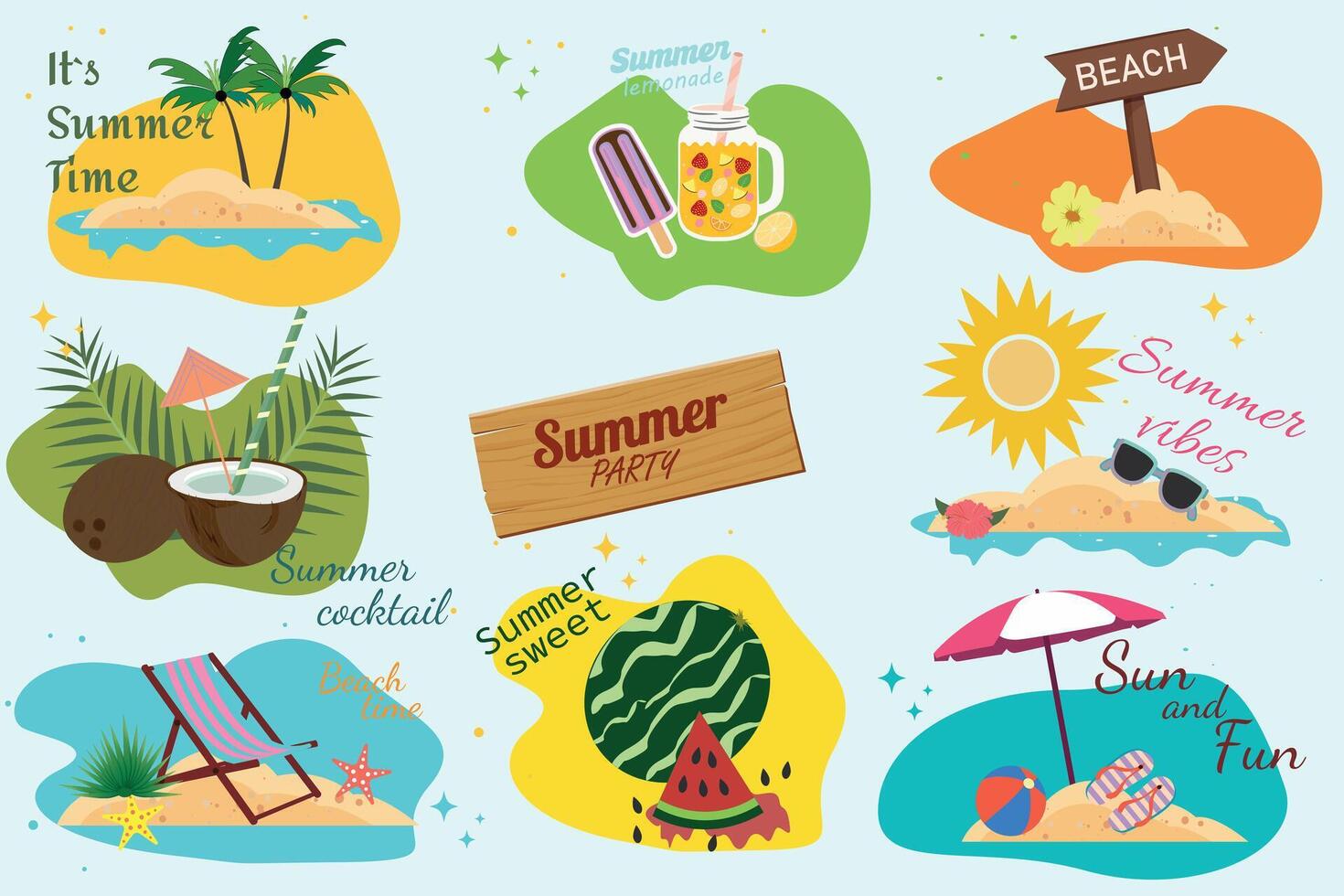 Summer set of vector elements. Clip art of labels and badges. Cute and colorful hand drawn vector illustrations, stickers for posters, summer party invitations, advertisements for the tourist season.