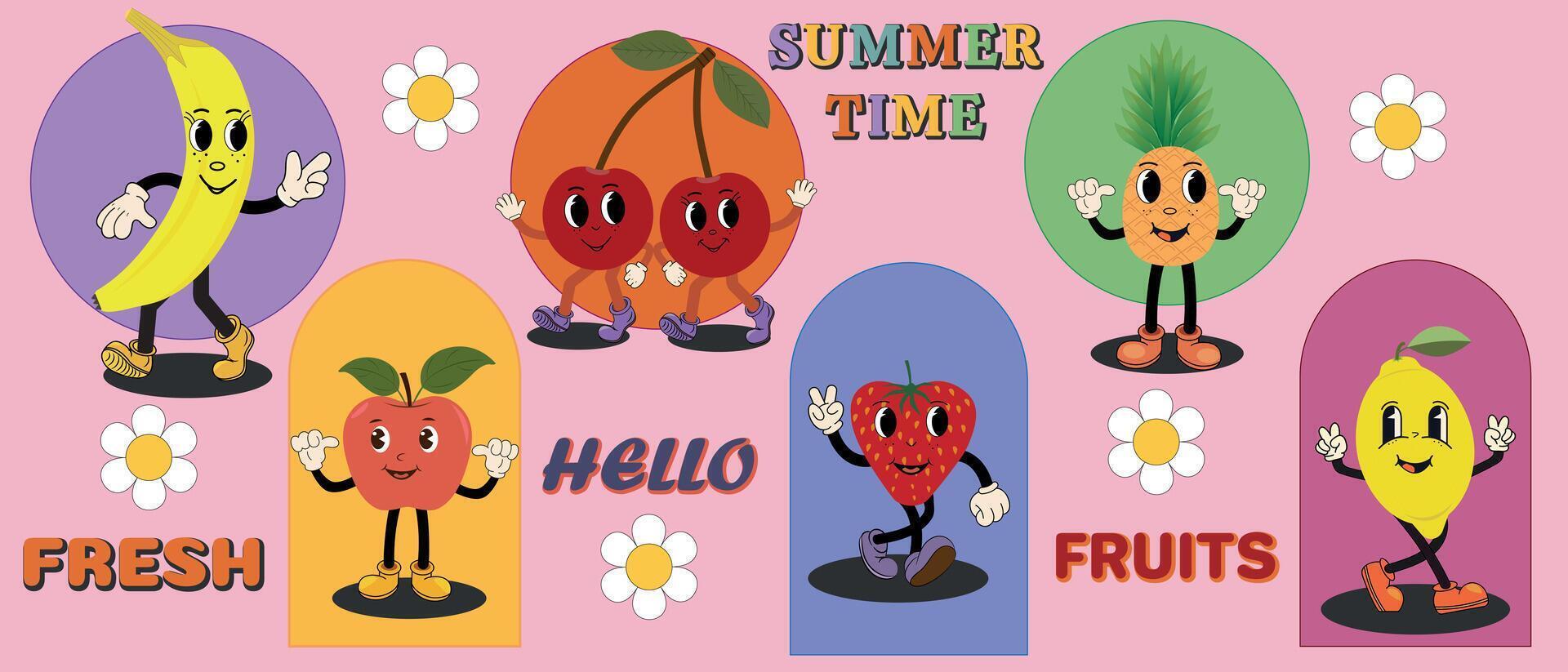 Fruit retro cartoon characters. Comic mascot made of banana, lemon, apple, cherry, strawberry, pineapple. Fruits with happy smiles on their faces, with arms and legs. Colorful summer illustration. vector