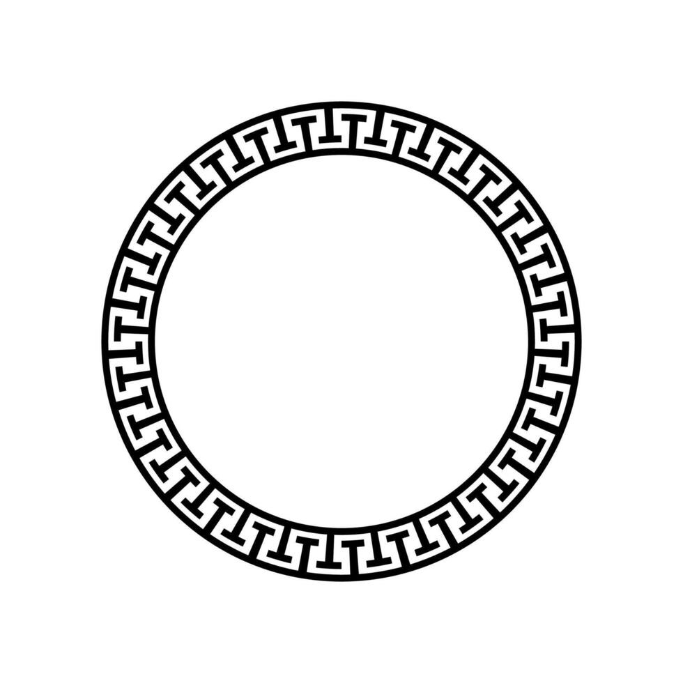 Black greek circle geometric frame vector template. Greece meander pattern border constructed from repeating ancient fret or key lines in circular round motif.