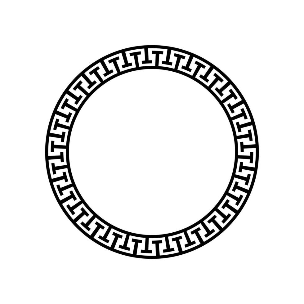 Black greek circle geometric frame vector template. Greece meander pattern border constructed from repeating ancient fret or key lines in circular round motif.