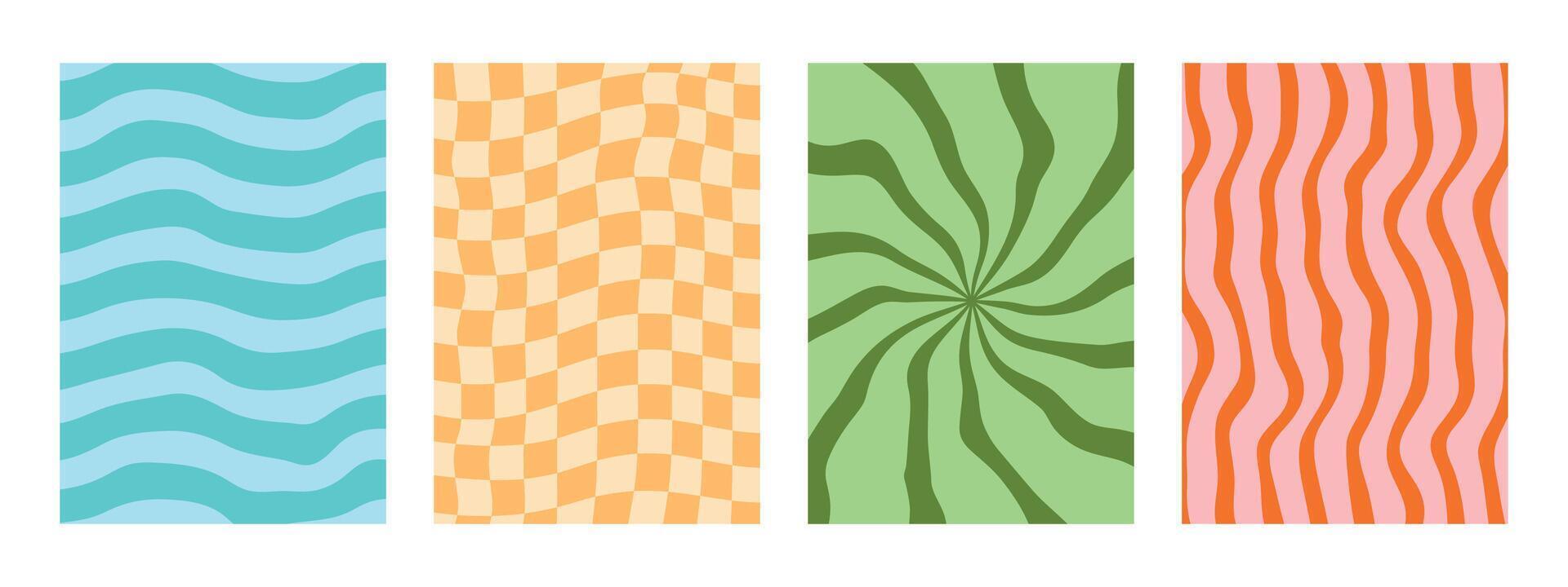 4 groovy Y2K retro patterns with a psychedelic twist. Vector wavy background featuring a cute, distorted grid.
