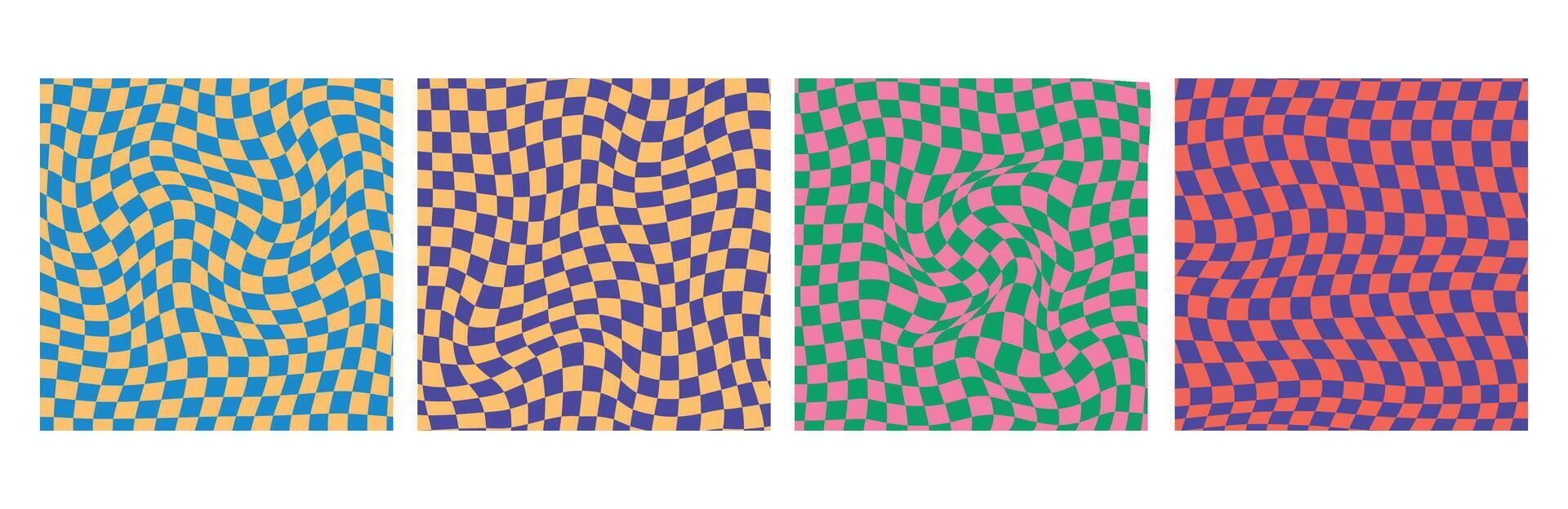 4 Groovy checkered psychedelic seamless patterns. Checkerboard. Funky hippie fashion print, retro background. Y2k aesthetic. vector