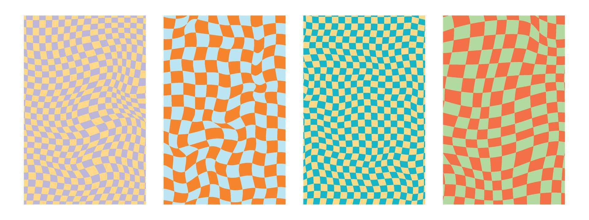 4 wavy psychedelic checker pattern. Retro funky y2k design. Vector illustration in green and orange