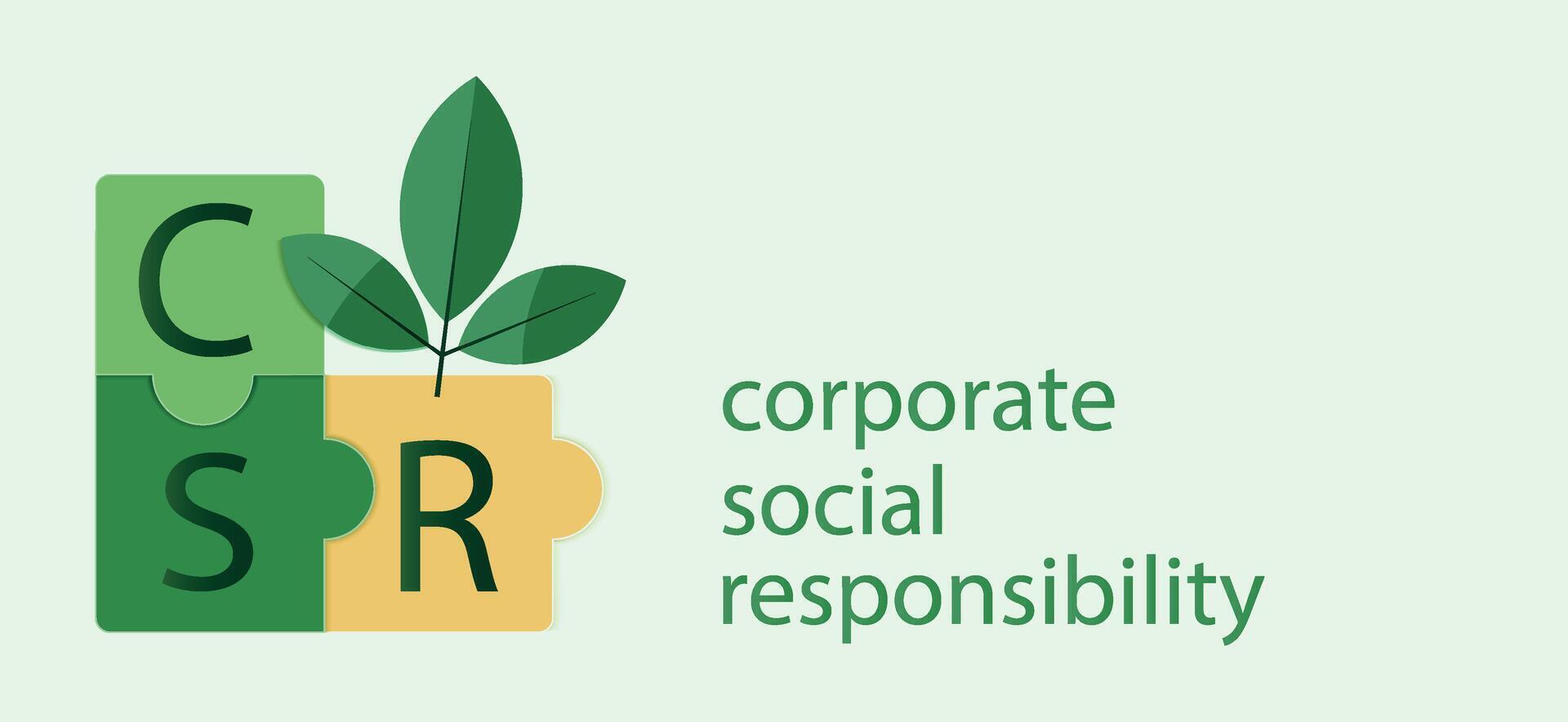 corporativo social responsabilidad , csr concepto en un verde vector antecedentes. icono presentando rompecabezas piezas simbolizando responsabilidad. intersección de negocio y ambiente. vector diseño.