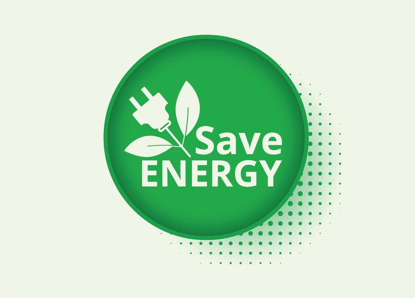 salvar energía icono con trama de semitonos sombra. verde poder logo. eco enchufe con hoja. concepto. reciclar con eléctrico y solar. vector redondo Insignia