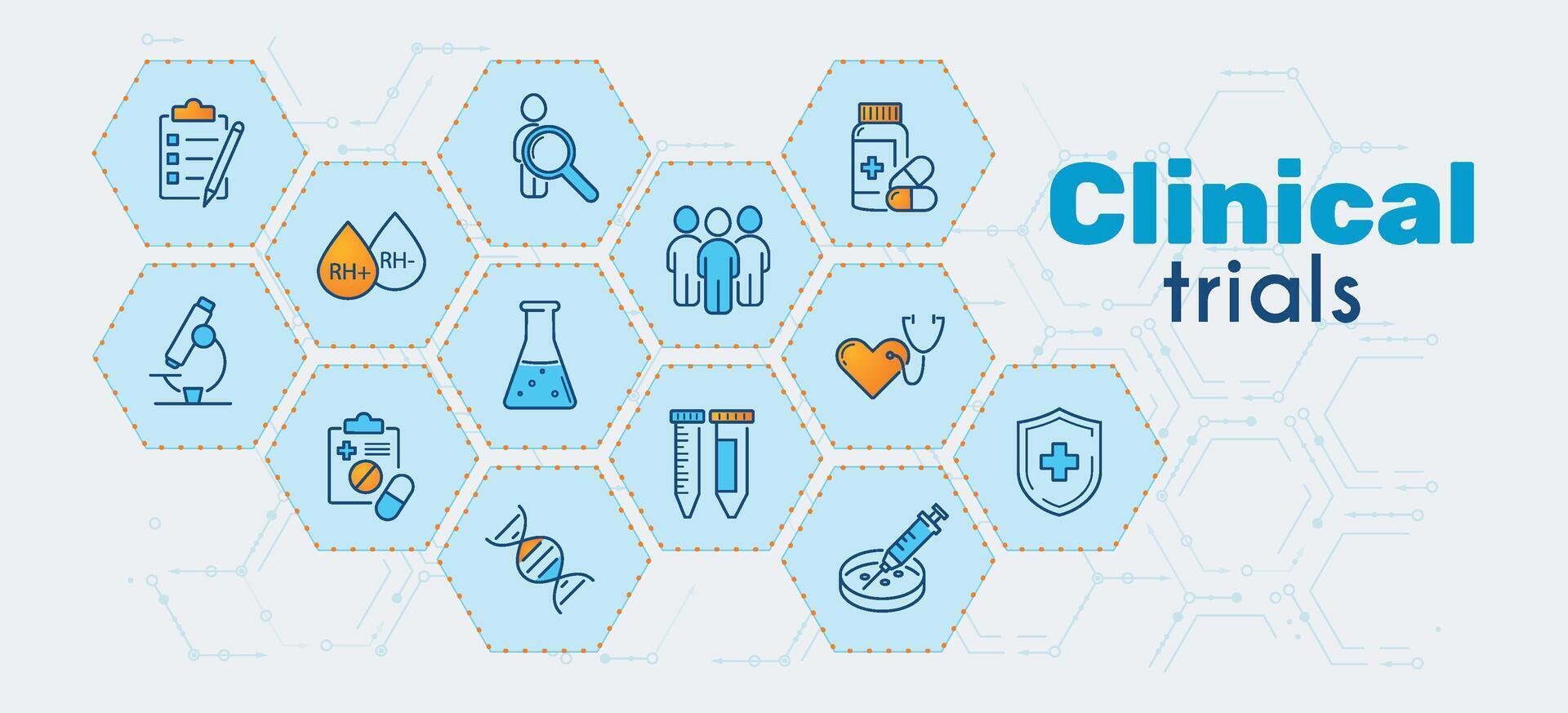 Clinical studies, trials, experiments. Concept in blue and orange color on a background of hexagons or honeycomb. Line icons on the theme of medicine. Vector