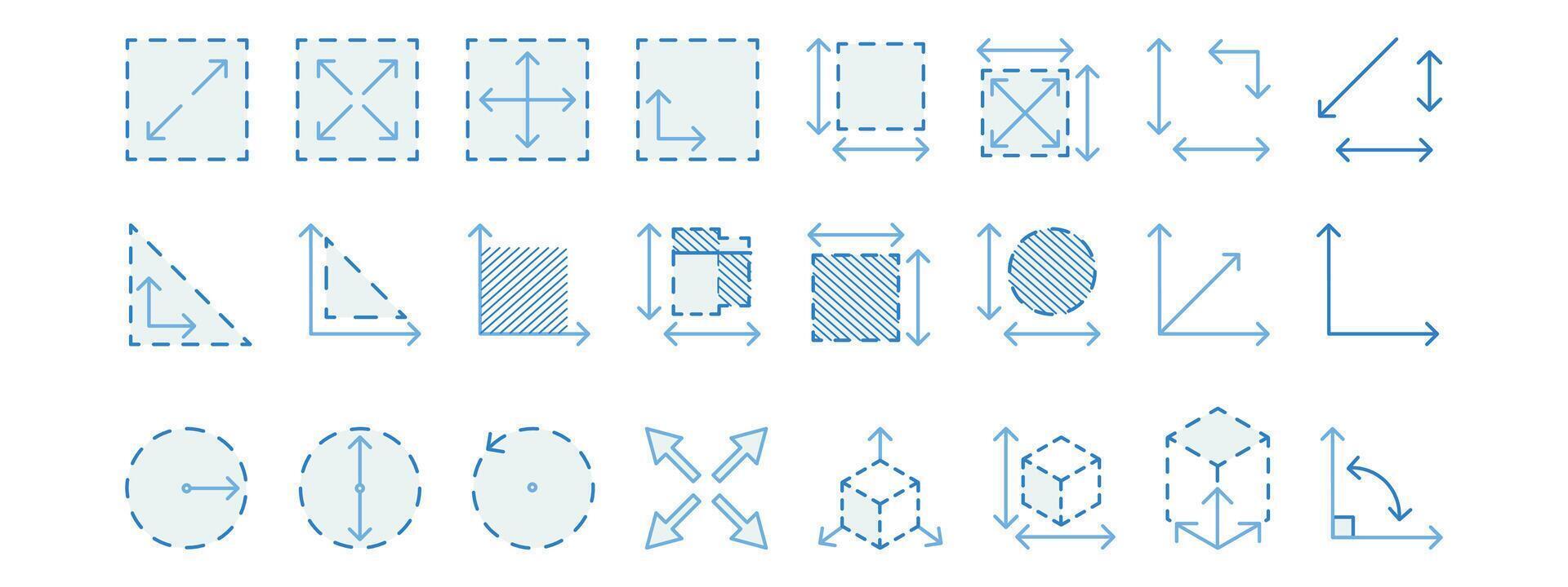 conjunto de lineal íconos de el Talla o zona de un habitación o piso. cuadrado, espacio, triángulo, círculo, caja dimensión, metro vector ilustración en azul.