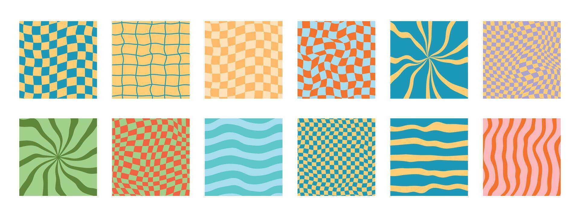 12 funky psychedelic retro patterns. y2k groovy checkerboard. Vector wavy cute background with distorted grid
