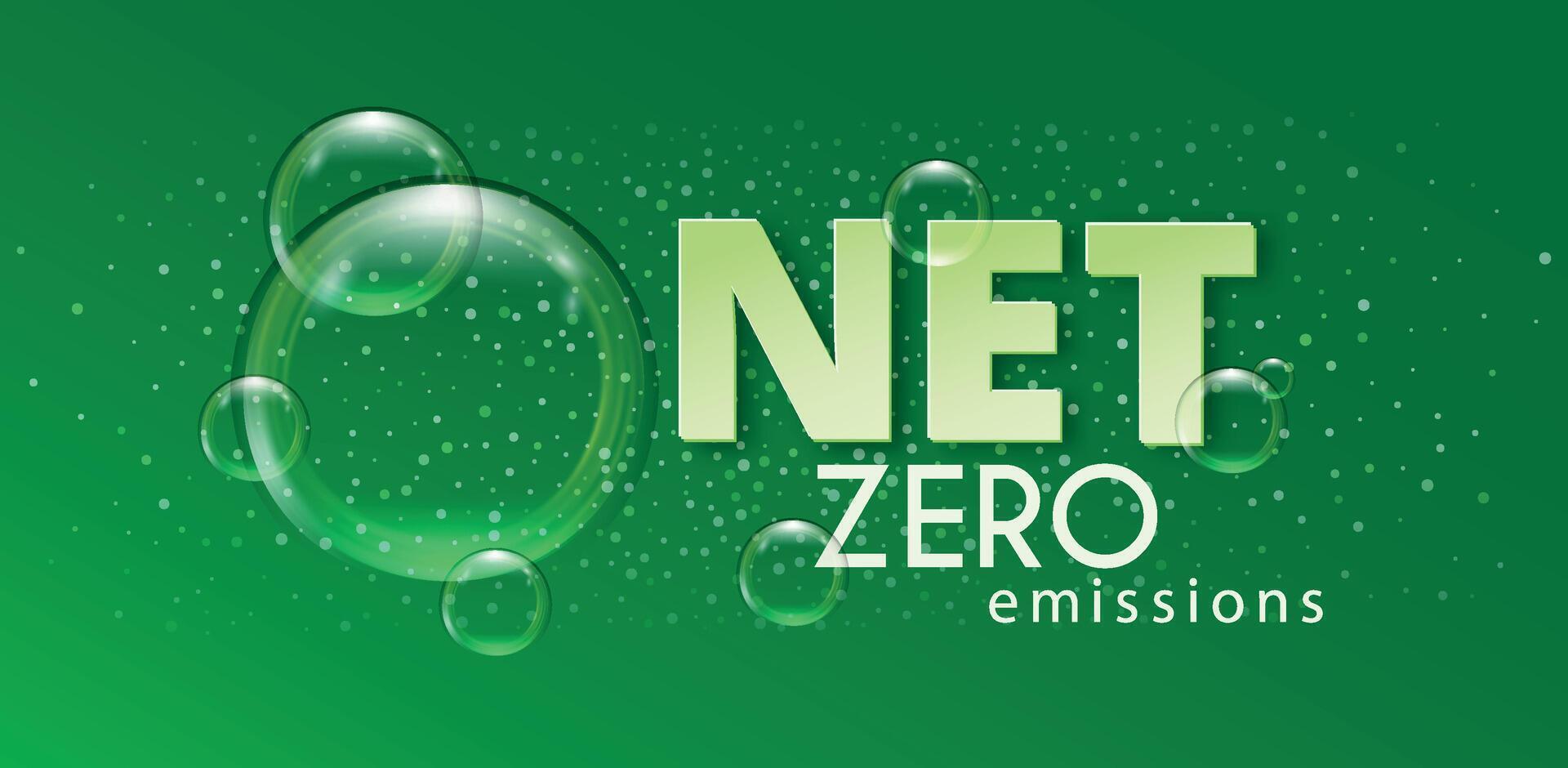 Net zero and carbon emission banner. Green energy concept. Climate change. CO2 neutral. Vector background with air bubbles