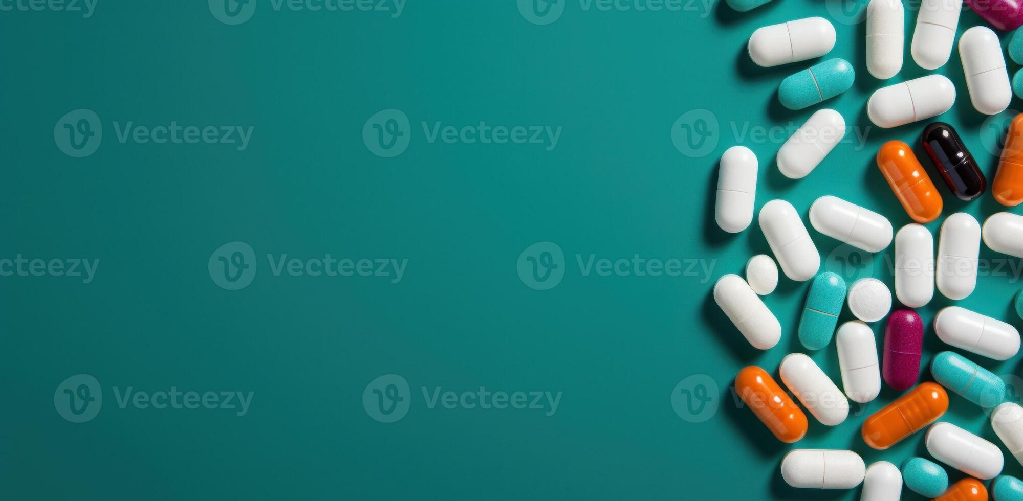 AI Generated Pill Antibiotic, Medical Drugs On Green Background. Vitamin Supplement. Medication, Health Care Concept photo