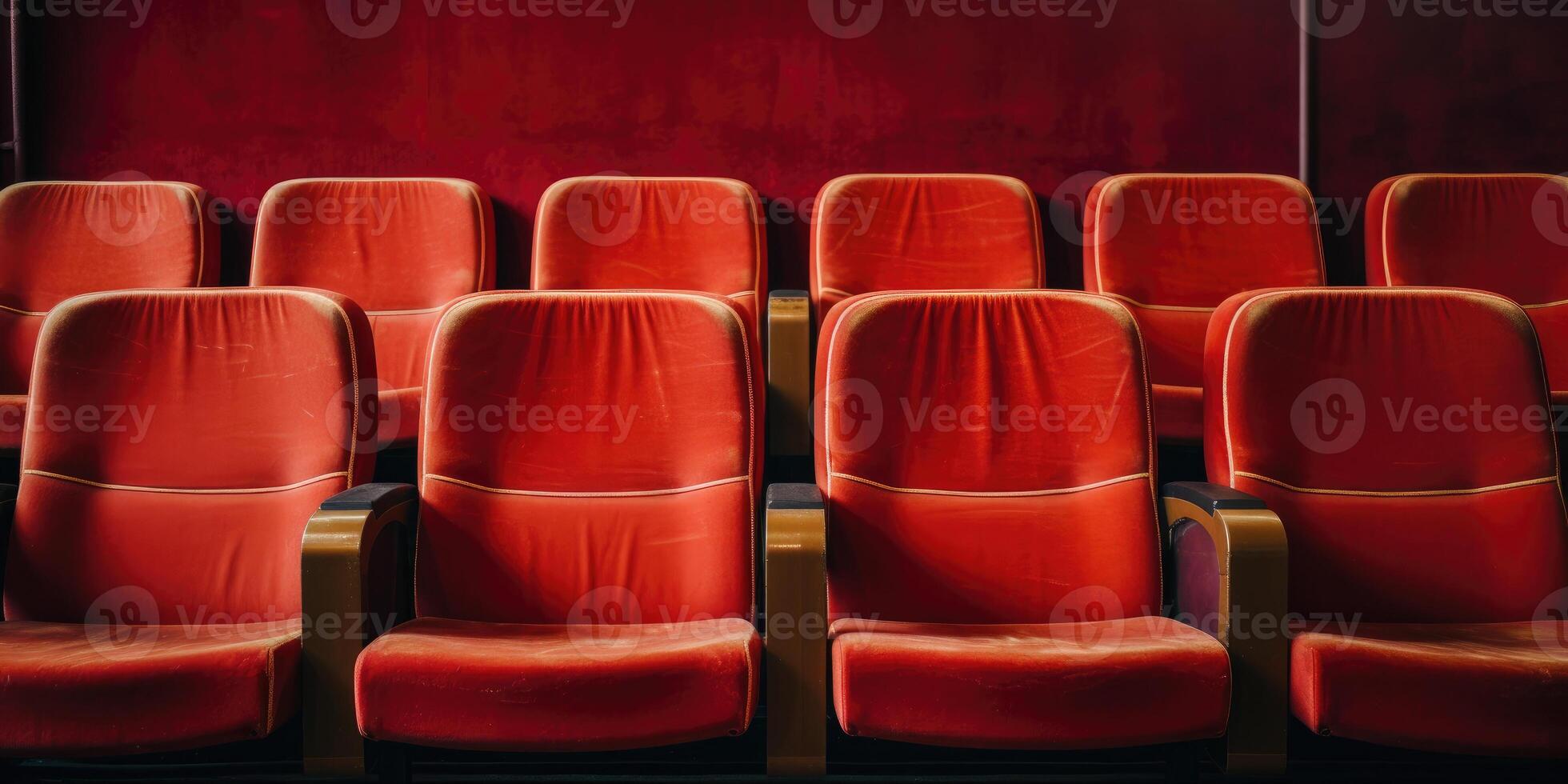 AI Generated Cinema Red Empty Chairs. Sleek Red Cinema Seats in Rows on Red Background. Front View. Generative AI photo